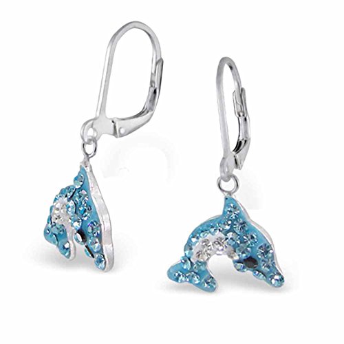 SL-Silver Ohrringe Kinderohrringe Kristall Delfin blau-weiss Klappverschluss 925 Silber -