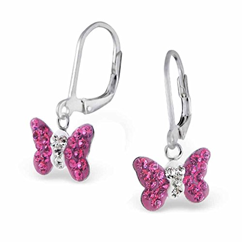 SL-Silver Ohrringe Kinderohrringe Kristall Schmetterling pink-weiss Klappverschluss 925 Silber -