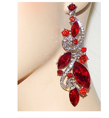 Statement Luxus lange Oversize Ohrringe Kristall klar und Ruby Rot Töne 9cm lang -