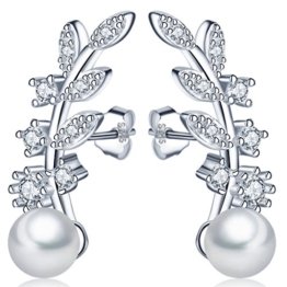 Unendlich U Fashion Damen Ohrstecker 925 Sterling Silber Blätter 5mm Perlen Zirkonia Ohrringe Pearls Earrings -