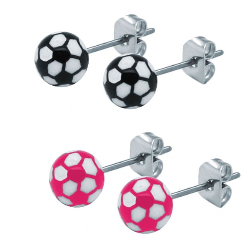 2 Ohrstecker im Fussball / Handball Design Ball pink schwarz weiß, Farbe:Schwarz -