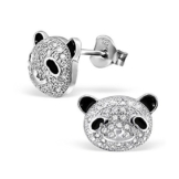 CasaVivendi Zirkonia-Ohrstecker Panda-Bär silber 925 Sterling rhodiniert 78 Steine schwarz-weiss 12 x 8 mm #TS-515 -