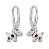 CLEVER SCHMUCK Silberne Ohrhänger 21 mm kleine Hunde 8 mm weiß rot und schwarz lackiert glänzend STERLING SILBER 925 für Kinder -