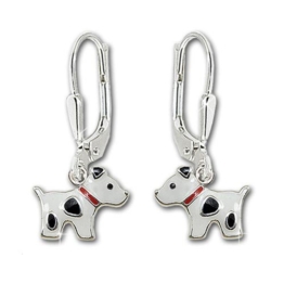 CLEVER SCHMUCK Silberne Ohrhänger 21 mm kleine Hunde 8 mm weiß rot und schwarz lackiert glänzend STERLING SILBER 925 für Kinder -