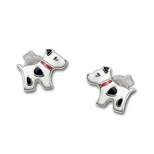 CLEVER SCHMUCK Silberne Ohrstecker kleine Hunde 8 x 6 mm weiß rot und schwarz lackiert glänzend STERLING SILBER 925 für Kinder -
