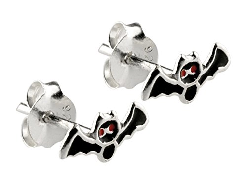 Halloween Ohrringe aus 925 Silber Fledermaus, schwarz rot emailliert -