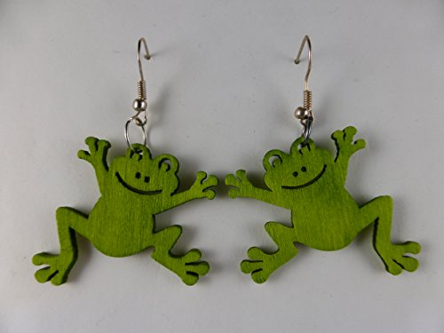Handgemachte ausgefallene verrückte Ohrringe Holz Frosch grün Teich 6737 -