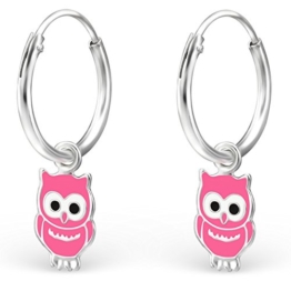 JAYARE® Kinder-Creolen Eulen 20 x 6 mm Emaille 925 Sterling Silber rosa pink im Etui Mädchen-Ohrringe Kreolen -