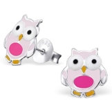 JAYARE® Kinder-Ohrringe Eulen 8 x 8 mm Emaille 925 Sterling Silber rosa pink im Etui Mädchen-Ohrstecker -