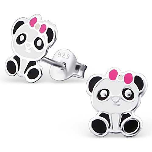 JAYARE® Kinder-Ohrringe Panda Bär 9 x 7 mm Emaille 925 Sterling Silber schwarz weiß im Etui Mädchen-Ohrstecker -