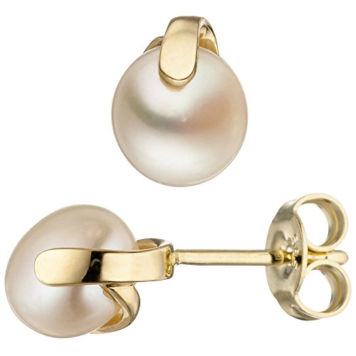 JOBO Ohrstecker 585 Gold Gelbgold 2 Süßwasser Perlen Ohrringe Perlenohrstecker -
