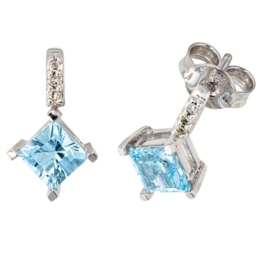 JOBO Ohrstecker 585 Weißgold 1 Diamant-Brillant 0,03ct. 2 Blautopase Gold-Ohrringe -