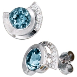 JOBO Ohrstecker 585 Weißgold 2 Aquamarine 10 Diamant-Brillanten Gold-Ohrringe -