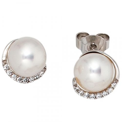 JOBO Ohrstecker 585 Weißgold 2 Süßwasser-Perlen 16 Diamant-Brillanten Ohrringe -