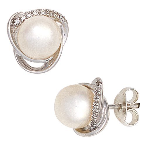 JOBO Ohrstecker 585 Weißgold 2 Süßwasser Perlen 16 Diamanten Brillanten Ohrringe -