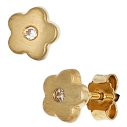 JOBO Ohrstecker Blume 333 Gelbgold mattiert 2 Zirkonia Gold-Ohrringe -