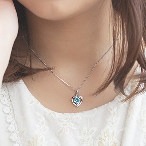 Latigerf Damen Halskette "Für immer Liebe" Herz Anhänger Rhodium Plated 925 Sterling Silber Kristall Blau -