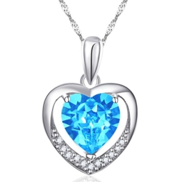 Latigerf Damen Halskette "Für immer Liebe" Herz Anhänger Rhodium Plated 925 Sterling Silber Kristall Blau -