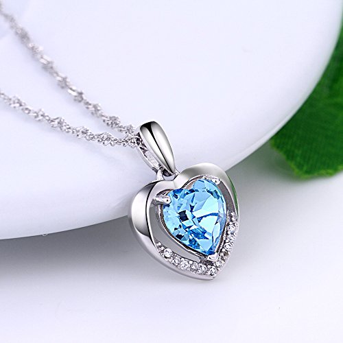 Latigerf Damen Halskette "Für immer Liebe" Herz Anhänger Rhodium Plated 925 Sterling Silber Kristall Blau -