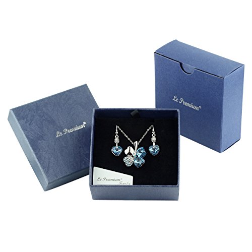 Le Premium® Schmuck-Set Vier Blättern Klee Halskette+ohrring baumeln Herz geformt Swarovski Aquamarine Blau Kristalle -