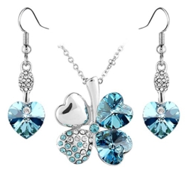 Le Premium® Schmuck-Set Vier Blättern Klee Halskette+ohrring baumeln Herz geformt Swarovski Aquamarine Blau Kristalle -