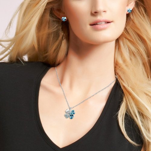 Le Premium® Schmuck-Set vier Blättern Klee Halskette+ohrring Gestüt Herz geformt Swarovski Aquamarine Blau Kristalle -