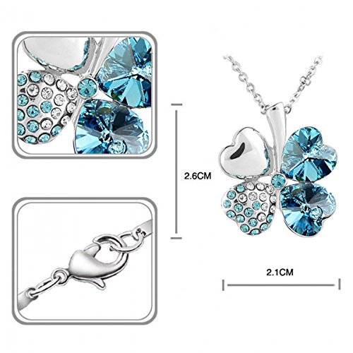 Le Premium® Schmuck-Set vier Blättern Klee Halskette+ohrring Gestüt Herz geformt Swarovski Aquamarine Blau Kristalle -