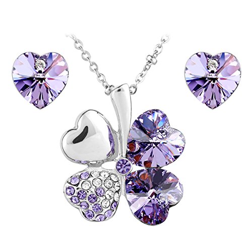 Le Premium® Schmuck-Set vier Blättern Klee Halskette+ohrring Gestüt Herz geformt Swarovski violett lila Kristalle -