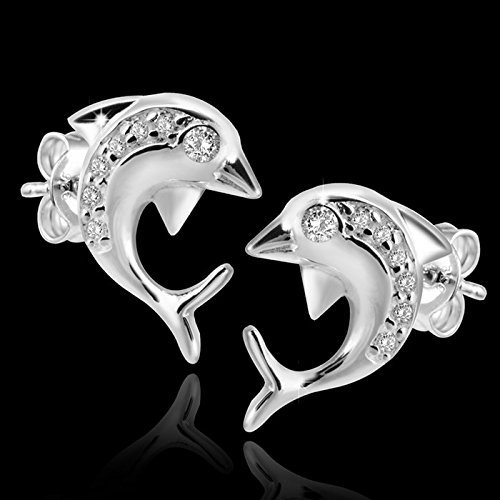 MATERIA 925 Silber Ohrringe Delfin - Silber Damen Ohrstecker Delphin mit Zirkonia weiß 12x13mm #SO-116 -