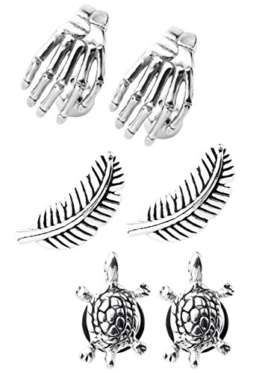 PiercingJ Ohrstecker Set 3 Paare Edelstahl Ohrpiercing Ohrstecker Helix Tragus Ohr Piercing Barbell Stud Schildkröte Federförmig Skelett Hand Silber Gold -