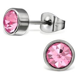 EYS Damen-Ohrringe Kristalle rund 5 mm Edelstahl silber rosa-pink im Etui Damen-Ohrstecker -