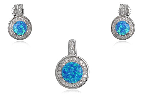 EYS Damen-Schmuckset synthetischer Opal Zirkonia 18 x 12 mm 925 Sterling Silber blau im Etui Ohrringe Anhänger -