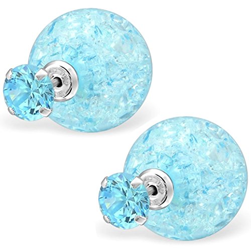 EYS JEWELRY® Damen-Ohrringe Doppel-Perlen Kugeln 6 x 14 mm Zirkonia 925 Sterling Silber aquamarin-blau im Etui Damenohrstecker -