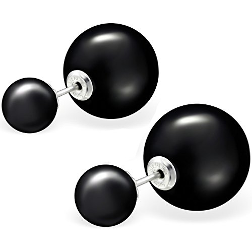 EYS JEWELRY® Damen-Ohrringe Doppel-Perlen Kugeln 8 x 14 mm Perlen Kunstperlen 925 Sterling Silber schwarz im Etui Damenohrstecker -