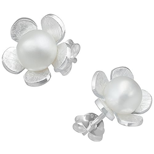 Vinani Ohrstecker Blume mit Natur Perle gebürstet Sterling Silber 925 Ohrringe Blüte 2OBP -